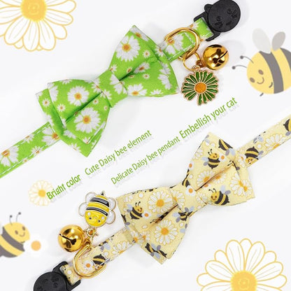 Breakaway Cat Collar with Cute Bow Tie Bell 2Pack Daisy Bee Pattern - Image 3
