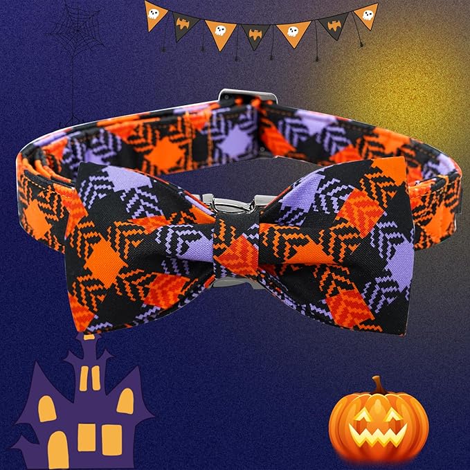 Halloween Dog Collar, Pet Collar Bow Plaid Puppy Collars Girl Boy Holiday Pet - Image 3