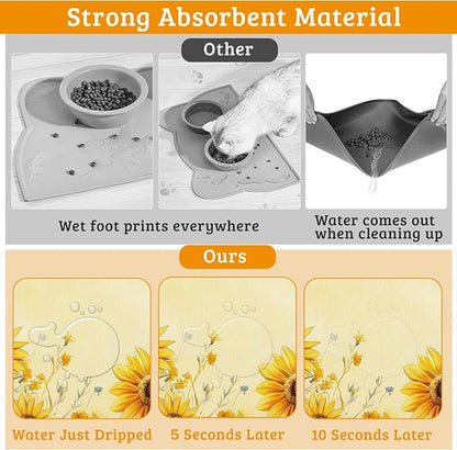 Yellow Floral Feeding Mat, Sunflower Absorbent Quick-Dry Cat Dog Food and Water - Image 3