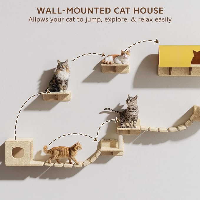 16-in-1 Cat Wall Shelves, Wall Mounted Cats Furniture Set w/Plush Fabric - Image 5
