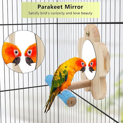Small Bird Mirror Parrot Swing, Wooden Parakeet Perches Flower Interactive Play - Image 2