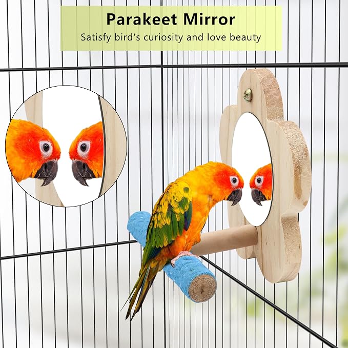 2Pcs Small Bird Mirror Parrot Swing, Wooden Parakeet Perches Flower Interactive - Image 4