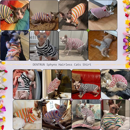 DENTRUN Hairless Cats Shirt Breathable Cat Daily Wear Clothes Stripe Vest - Image 9