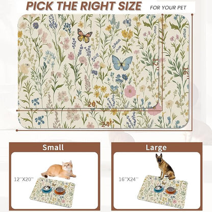 Wildflowers Dog Cat Food Mat, Vintage Botanical Garden Plants Herb Butterfly - Image 2