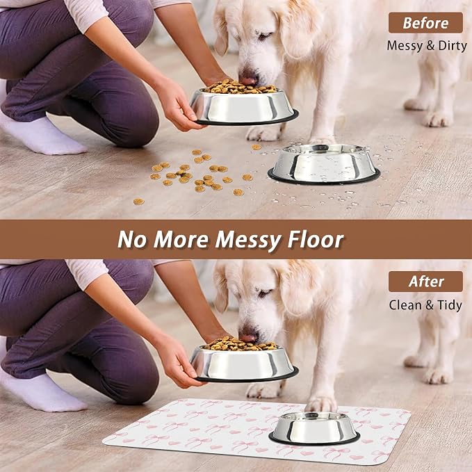 Cute Pink Bow Dog Food Mat for Floors, Heart Absorbent Pet Food and Water Bowl - Image 5