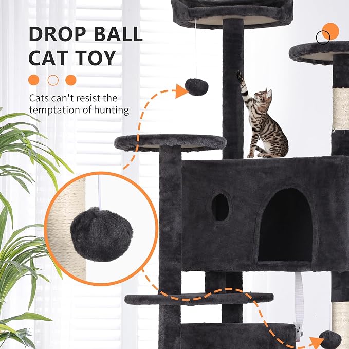 70 Inch Dark Gray Cat Tree, Tall Cat Tower - Image 2