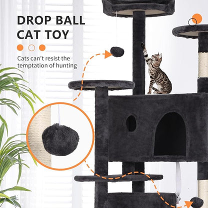 70 Inch Dark Gray Cat Tree, Tall Cat Tower - Image 2