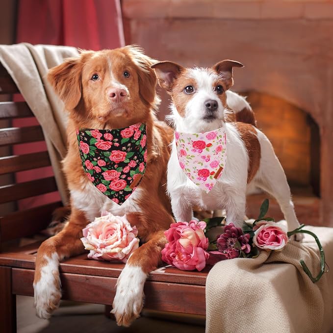 ADOGGYGO Floral Dog Bandana 2 Pack, Reversible Red Pink Rose Puppy Scarf Bib - Image 2