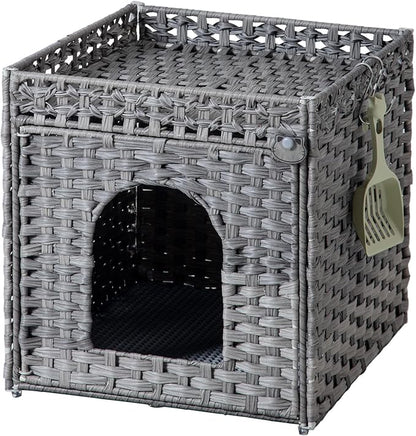 Cat Litter Enclosure with Hidden Litter Mat and Rattan Cat House, Supports Two by SETVSON