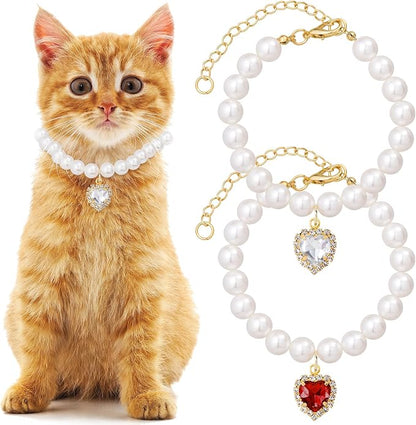 2pcs Cat Pearl Collar with Heart Pendant, Cute Pearl Pet Necklace in Small by Unknown