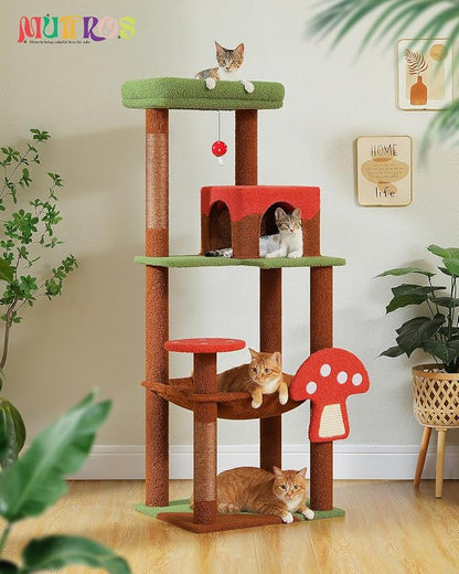 Mushroom Cat Tree Tower with Removable Scratcher, Large Hammock, 3 Sisal Posts - Image 2