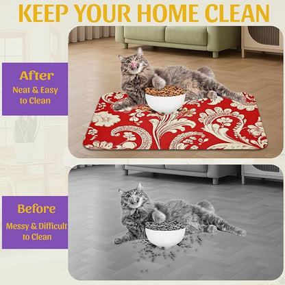 Red White Paisley Pet Food Mat, Absorbent Feeding Pad - Image 4