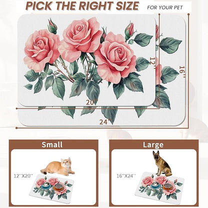 Pink Rose Pet Feeding Mat, Vintage Absorbent Quick-Dry Cat Dog Food and Water - Image 2