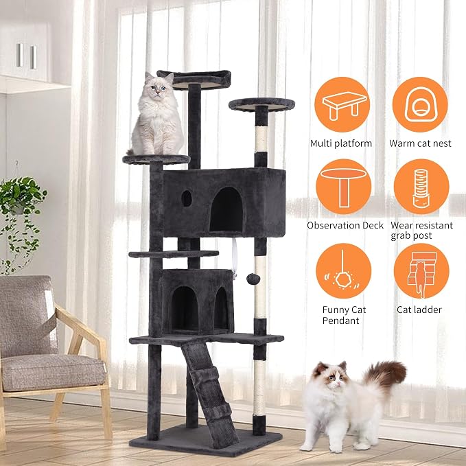 70 Inch Dark Gray Cat Tree, Tall Cat Tower - Image 4