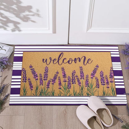 Tinideya 2 Pcs Lavender Door Mat Purple and White Stripe Welcome Non Slip Coir - Image 7