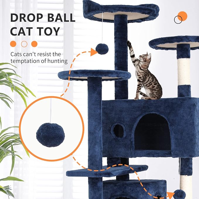 BestPet | 54" Cat Tree Tower | Navy Blue | Sturdy, Hanging Cat Toys, - Image 3