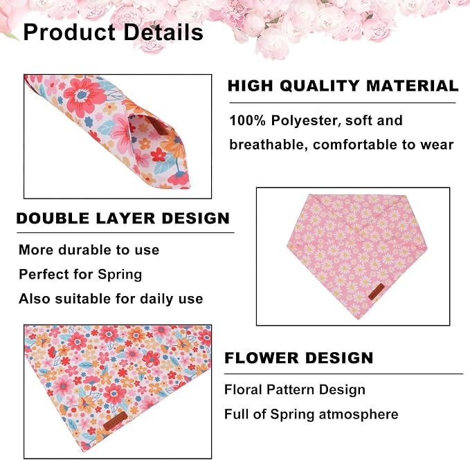 ADOGGYGO Floral Dog Bandana 2 Pack, Reversible Pink Daisy Pet Scarf Bib - Image 5