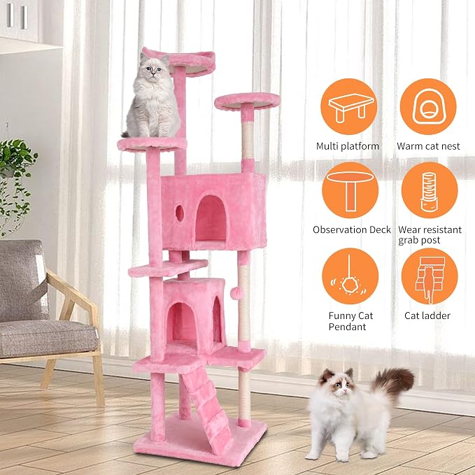 BestPet | 70" Cat Tree Tower | Pink | Sturdy, Hanging Cat Toys, Observation - Image 5