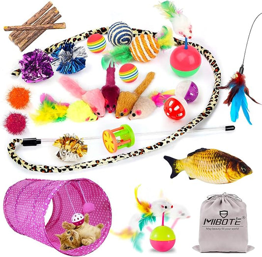 MIBOTE 28Pcs Cat Toys Kitten Toys Assorted, Cat Tunnel Catnip Fish Feather by MIBOTE