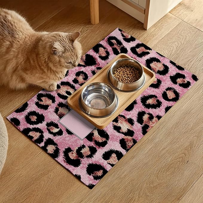Puppy Feeding Mat 20x12 inch Pink Leopard Print Dog Bowl Placemat Non Slip Mat - Image 2