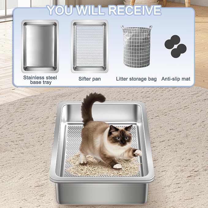 Teheao 2 Pack Stainless Steel Sifting Cat Litter Box - Image 7