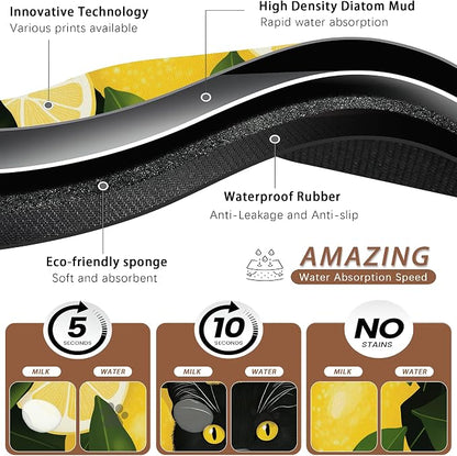 Black Cat Funny Dog Food Mat for Floors, Lemon Absorbent Pet Food and Water - Image 3