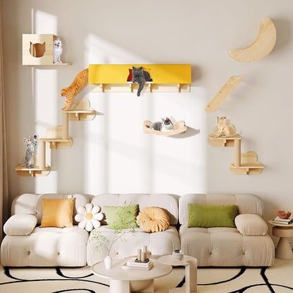 Cat Wall Shelves, 13-in-1 Solid Wood Wall-Mounted Cats Furniture Set by Homiflex