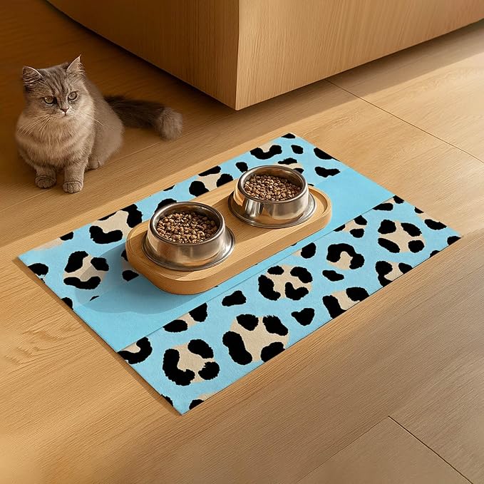 Puppy Feeding Mat 20x12 inch Blue Leopard Print Dog Bowl Placemat Non Slip Mat - Image 9