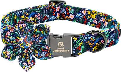 Lionheart glory Dog Collar Darkblue Flower Dog Bow Collars Floral Dog Collar by LionheartGlory