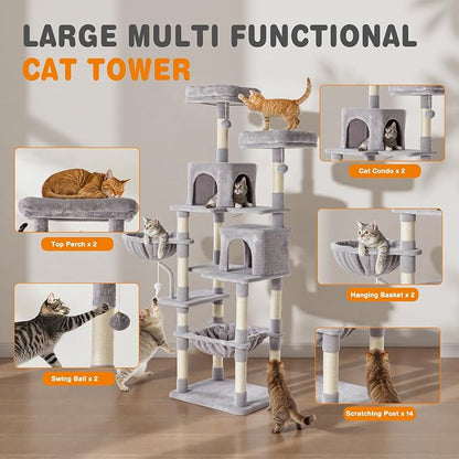Large Cat Tree 71 Inch, Sisal Scratching Posts and Hammock, Pet Play House - Image 4