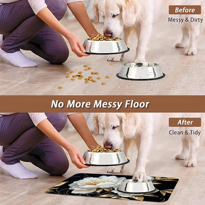 White Flowers Pet Feeding Mat, Glitter BloomingAbsorbent Quick-Dry Cat Dog Food - Image 5