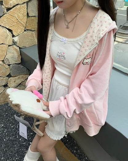 Womens Y2K Zip Up Cute Graphic Hoodies Cat Ears Casual Cartoon Harajuku Kawaii - Image 5