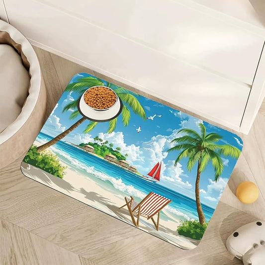 Tropical Beach Dog Food Mat for Floors, Hawaii Palm Tree Absorbent Quick-Dry by Unknown