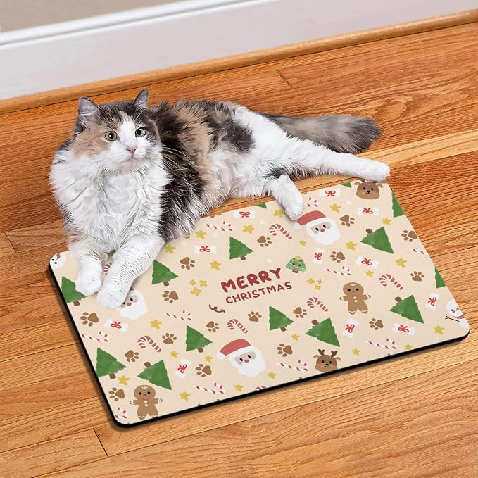 Christmas Dog Food & Water Mat, Paw Prints Santa Claus Snowman Xmas Pet Feeding - Image 2