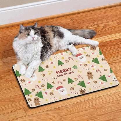Christmas Dog Food & Water Mat, Paw Prints Santa Claus Snowman Xmas Pet Feeding - Image 2