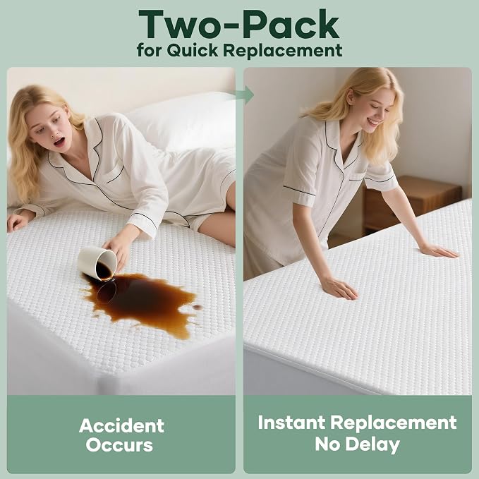 OhGeni 100% Waterproof Twin-2 Pack Mattress Protector, Fitted Sheet - Image 2