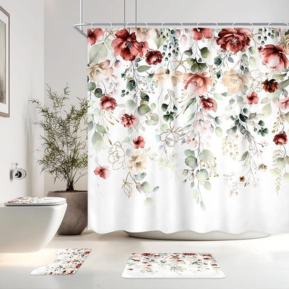 4 PCS Red Burgundy Floral Flower Shower Curtain Set 72Wx72H Inch Watercolor by Ufeela