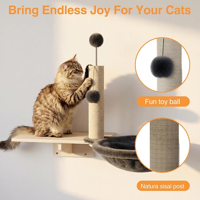 Cat Wall Shelves, Wooden Multi-Level Cat Climbing Furniture, Sisal Scratcher - Image 3