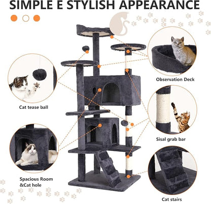 BestPet | 54" Cat Tree Tower | Ashy | Sturdy, Hanging Cat Toys, Observation - Image 6