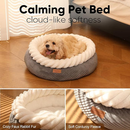 FUKUMARU Dog Bed, Calming Donut Dog Beds, Plush Faux Fur&Corduroy Cat Beds - Image 3