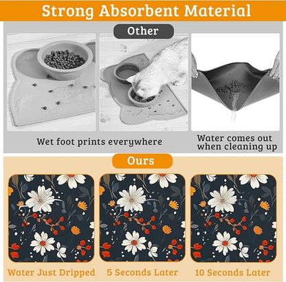 Floral Black Feeding Mat, Absorbent Quick-Dry Cat Dog Food and Water Bowl Mats - Image 3