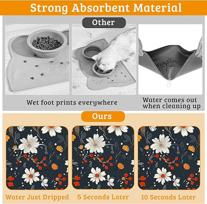 Floral Black Feeding Mat, Absorbent Quick-Dry Cat Dog Food and Water Bowl Mats - Image 3