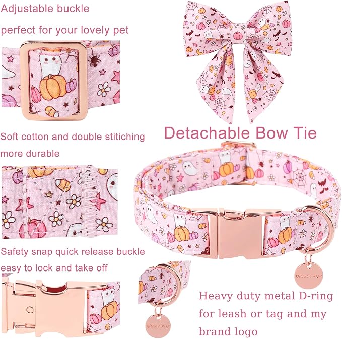 Halloween Dog Collar with Pink Floral Bowtie, Premium Cotton, Sturdy Metal - Image 2