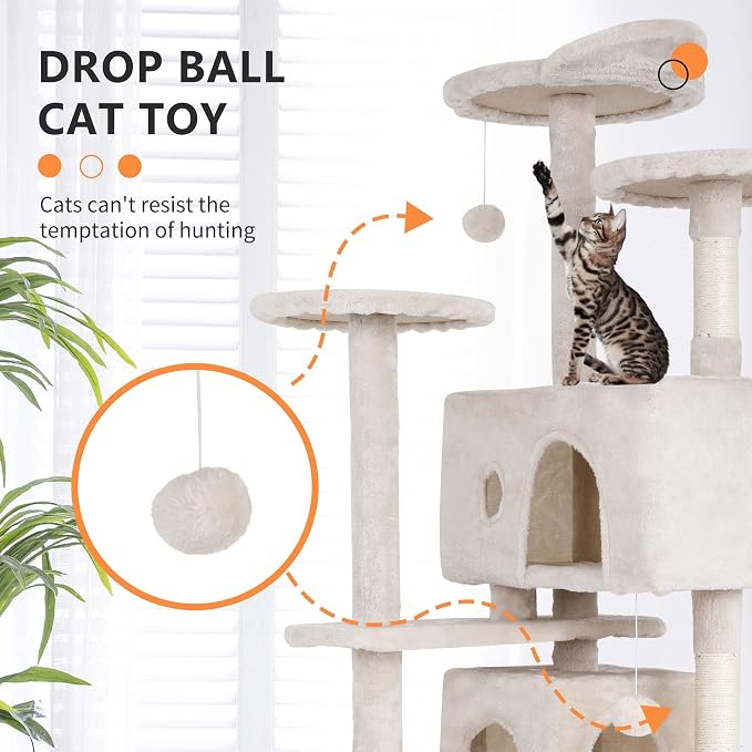 70 Inch Beige Cat Tree, Tall Cat Tower - Image 2