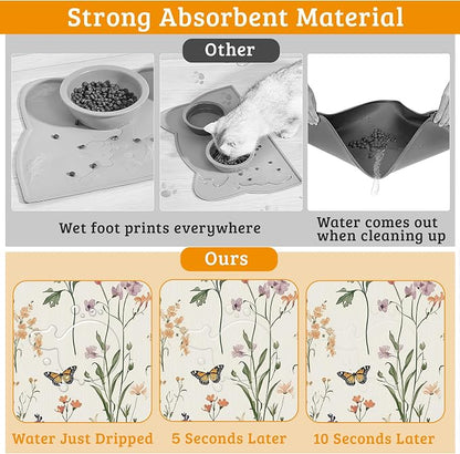 Wildflowers Butterfly Dog Cat Food Mat, Plants Absorbent Waterproof Placemat - Image 3