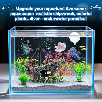 6 Pcs Aquarium Decor Set Shipwreck Decoration Little Diver Floating Fish Tank - Image 6