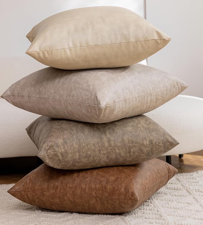 Pack of 4 Neutral Decorative Faux Leather Throw Pillow Covers 18x18 inch - Image 8