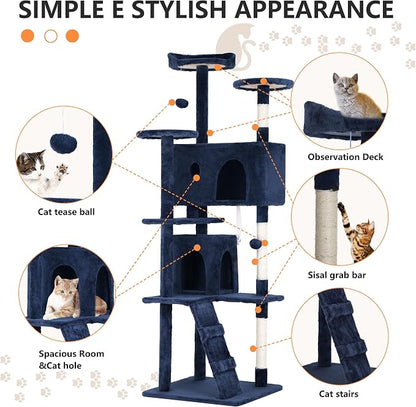 BestPet | 70" Cat Tree Tower | Navy Blue | Sturdy, Hanging Cat Toys, - Image 6