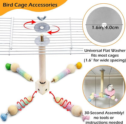 Bird Stand Perch Toy with Bells, Interactive Spinning Parakeet Toys, Wooden - Image 2