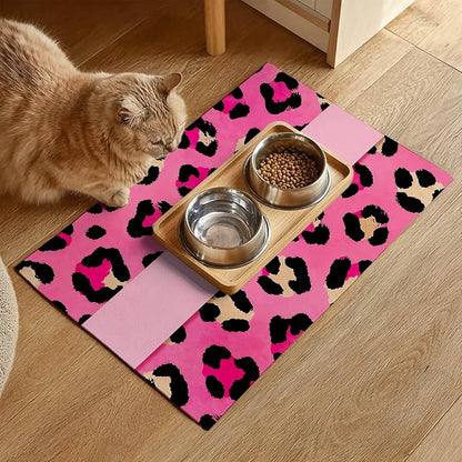 Puppy Feeding Mat 20x12 inch Pink Leopard Print Dog Bowl Placemat Non Slip Mat - Image 2